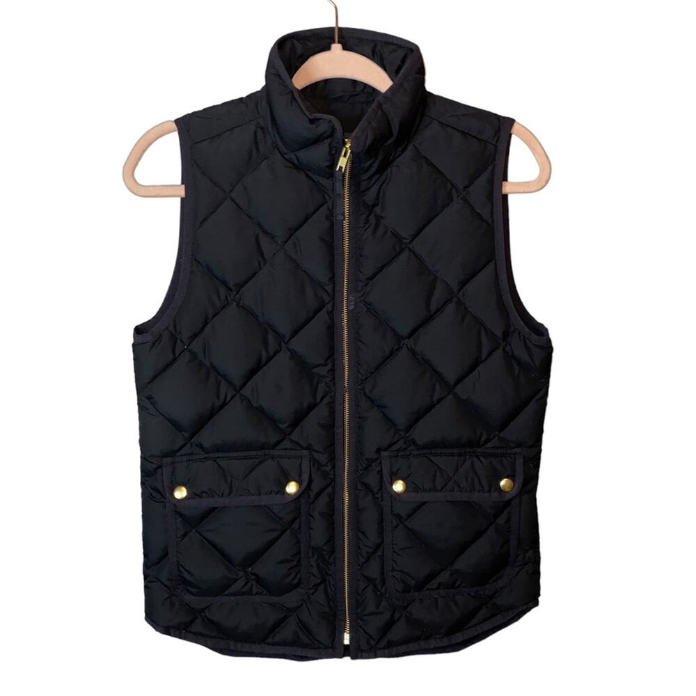 J.Crew Black Diamond Down Quilted Puffer Vest XS Gold Snap Zip Front